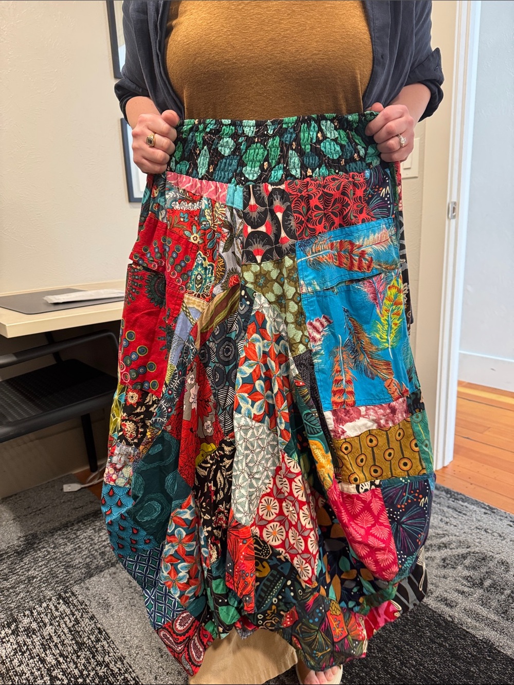 100% cotton Boho Patchwork Maxi Skirt - Multicolor with pockets - Picture 7 of 8